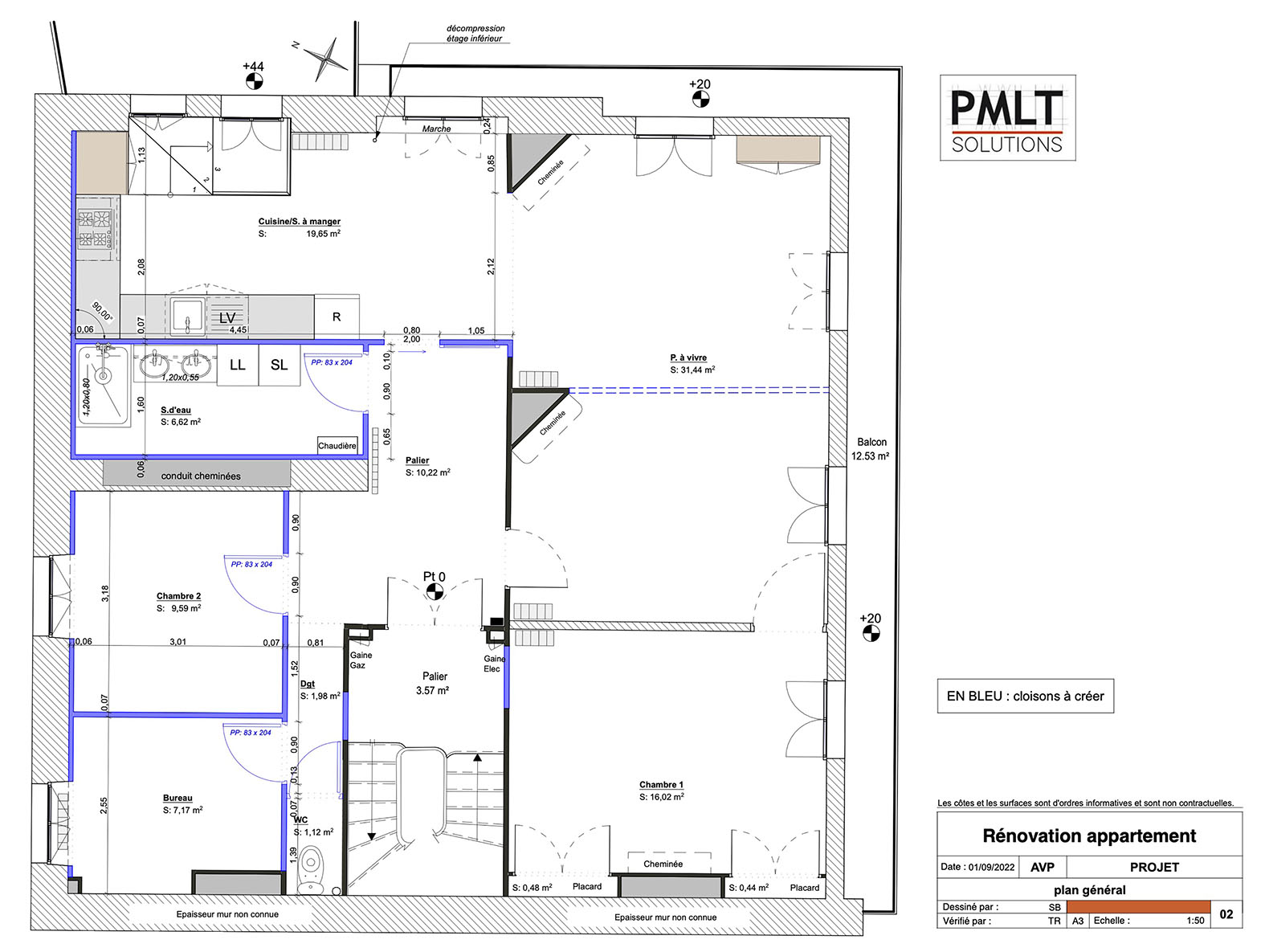 Plan du projet d'un appartement, cloisons neuves