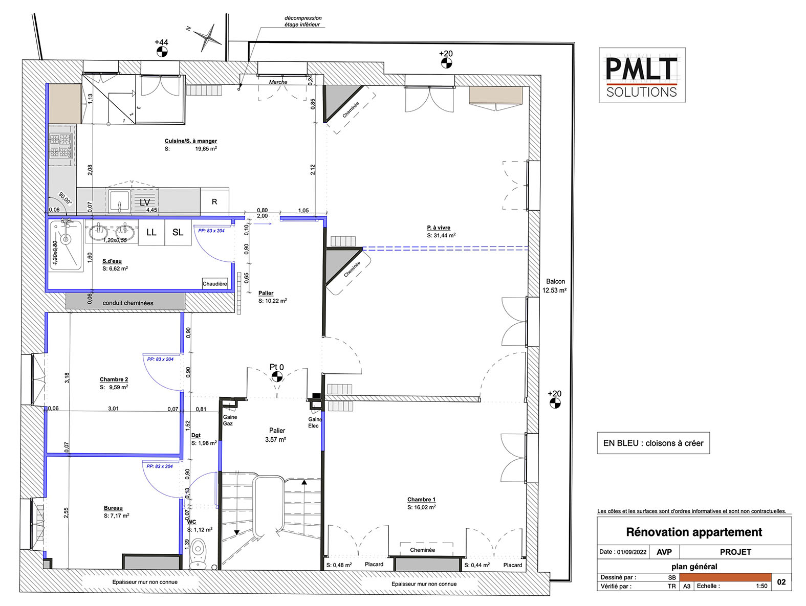 Plan du projet d'un appartement, cloisons neuves