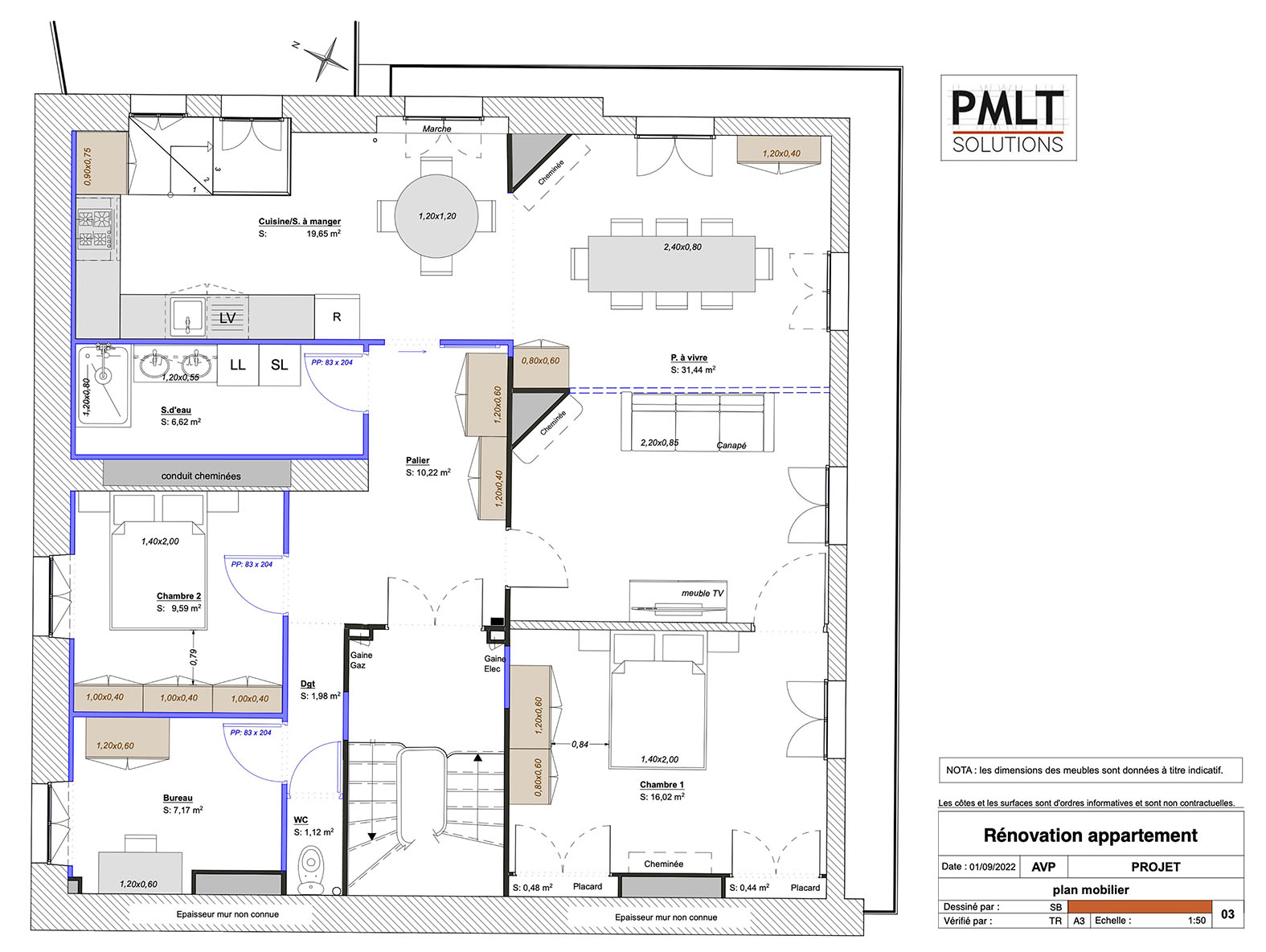 Plan du projet d'un appartement avec mobilier